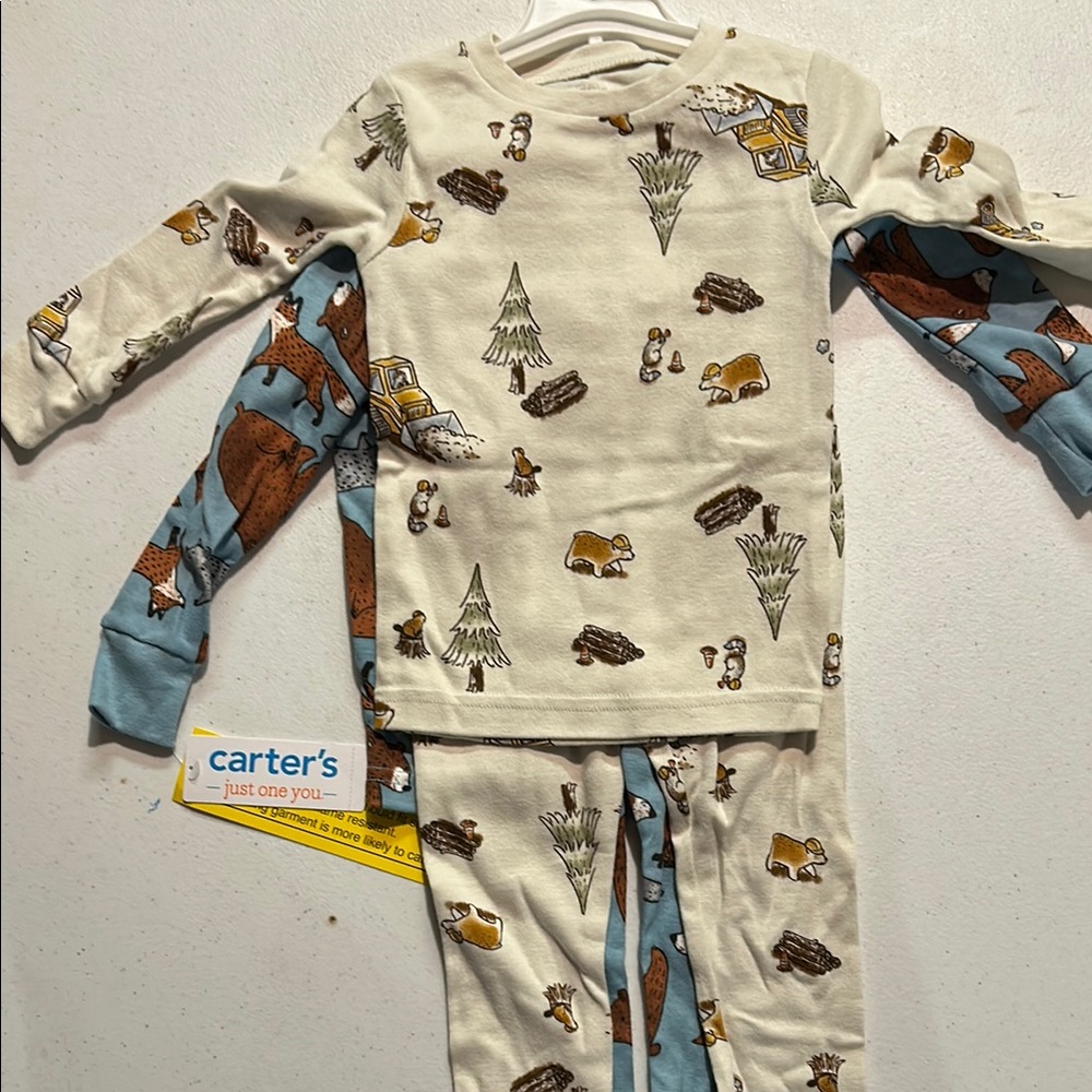 Carter's Cream and Blue Pajama Set with Woodland Print